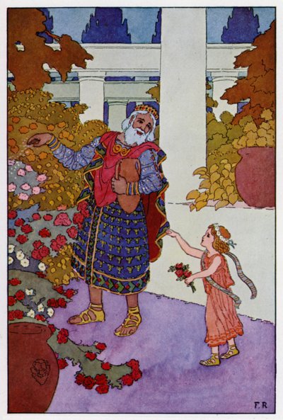 Kong Midas strødde resten av vannet over rosebuskene (farge litho) av Frederick Richardson