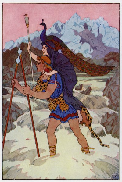 Jason løftet den gamle kvinnen fra bakken, og gikk frimodig inn i den rasende og skummende strømmen (farge litho) av Frederick Richardson