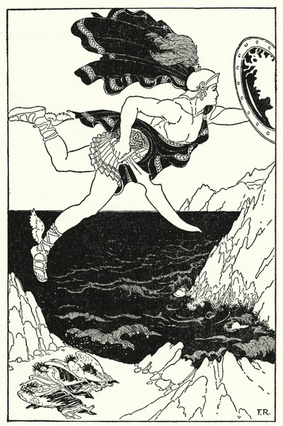 Perseus fløy forsiktig nedover, og holdt fortsatt øynene på Medusas ansikt, som reflektert i skjoldet hans (litho) av Frederick Richardson