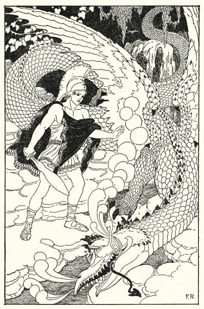 Da dragen fikk øye på Cadmus, satte han opp enda et avskyelig sus (litho) av Frederick Richardson