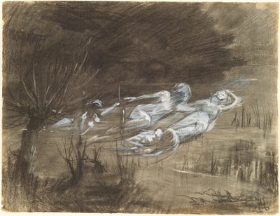 Kvinne som flyter i en elv, deltatt av to kvinnelige ånder av Frederick Trapp Friis