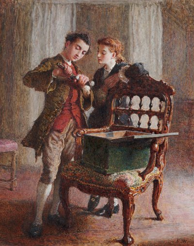 En salongscene med en imponerende åpen lenestol av Frederick Walker