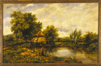 Et elvelandskap med en fisker ved en mølle av Frederick Waters Watts
