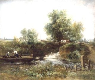 Elv med Horses Crossing og Skiff av Frederick Waters Watts