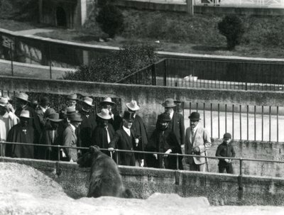 Sir Peter Chalmers Mitchell, med den etiopiske regenten Haile Selassie og hans følge, ser på en brunbjørn på Mappin Terraces, London Zoo, 1924 av Frederick William Bond
