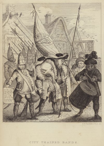 City Trained Bands: satire over militsene knyttet til City of London og panikken generert av Jacobite Rebellion fra 1745 (gravering) av Frederick William Fairholt