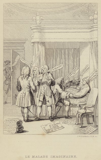 Le Malade Imaginaire: satire som skildrer forfatter og botaniker John Hill i sengen som blir konsultert av en rekke leger som alle er fast bestemt på å sikre sine honorarer av Frederick William Fairholt