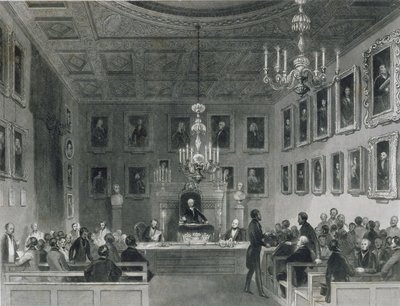 Utsikt over interiøret i Somerset House, viser et møte med Royal Antiquarian Society, ca. 1840 av Frederick William Fairholt