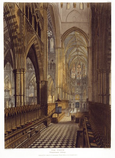 The Choir, plate 7 fra Westminster Abbey, gravert av J. Bluck (fl.1791-1831) pub. av Rudolph Ackermann (1764-1834) 1811 (akvatint) av Frederick after Mackenzie