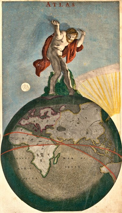 Atlas som støtter det himmelske hvelvet, løfter på jorden (etsing av Frederick de Wit
