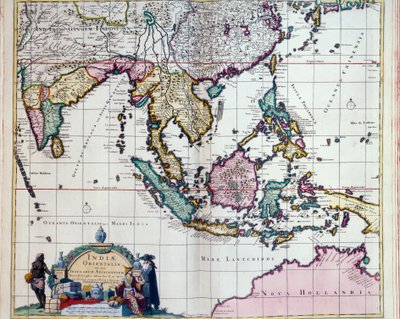 Geografi: kart over Øst-India av Frederick de Witt (aktivt rundt 1650) Paris fra 1600-tallet, B.N. av Frederick de Wit