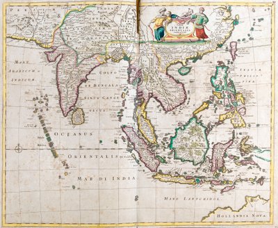 Kart over Øst-India (Sør- og Sørøst-Asia: Pakistan, India, Nepal, Bangladesh, Burma, Sri Lanka, Thailand, Malaysia, Vietnam, Kambodsja, Laos, Filippinene, Singapore og Indonesia) (radering) av Frederick de Wit
