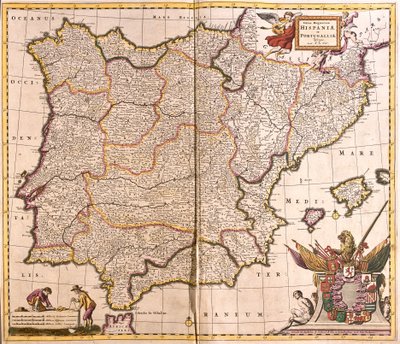 Kart over den iberiske halvøy, Spania og Portugal (etsing av Frederick de Wit