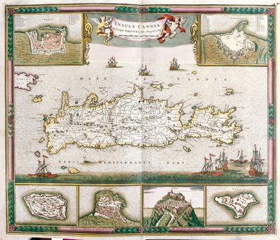 Kart over øya Kreta, med utsikt over de befestede byene La Cane og Heraklion og festningene Spinalonga, Retino, Thine og Souda (etsing av Frederick de Wit