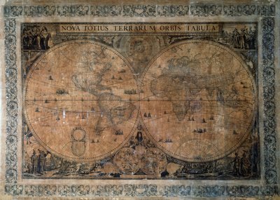 Nova Totius Terrarum Orbis Tabula, verdenskart med dobbel halvkule av Frederick de Wit (1629-1630 - 1706), dedikert til keiser Joseph I, kobberstikk av Frederick de Wit