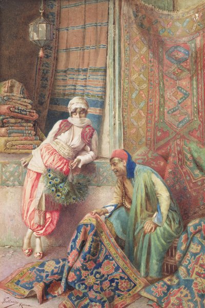 Forhandling med teppeselgeren, ca. 1875 (wc på papir) av Frederico Ballesio