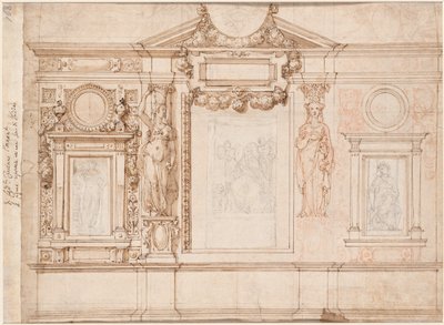 Design for en veggdekorasjon med innlimte skisser etter Raphael (verso) av Frederico Zuccaro