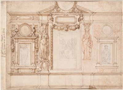 Design for a Wall Decoration with Pasted-in Sketches after Raphael verso, c. 1580s-90s.    1200770   no       norwegian Successfully Translated  Original: Cacoletière à la Tour (Woman Riding an Ass near a Tower) Translat: Cacoletière à la Tour (Woman Ridin av Frederico Zuccaro