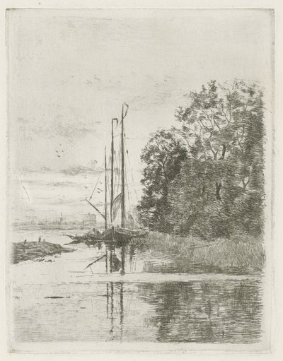 Elveutsikt med to skip og en lekter. av Fredericus Jacobus van Rossum du Chattel (signed by artist)