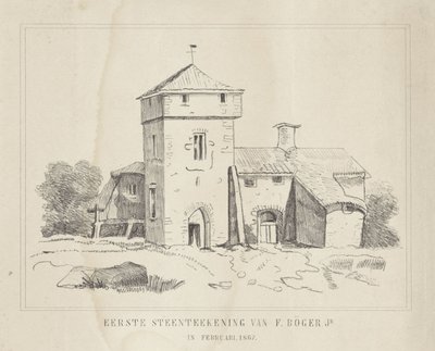 En bondegård Første steintegning av F. Börger Jr. (tittel på objekt) av Frederik Böger