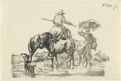 Gjeter og gjeterinne vasser gjennom en bekk av Frederik Cornelis Rose