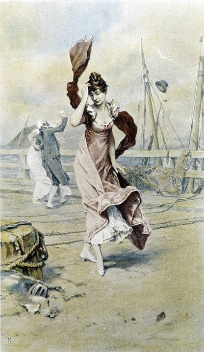 Woman on the seaside - allegori om tidlig vår, kalender illustrert av Hubert Dys, malt av F.H. Kaemmerer av Frederik Hendrik Kaemmerer