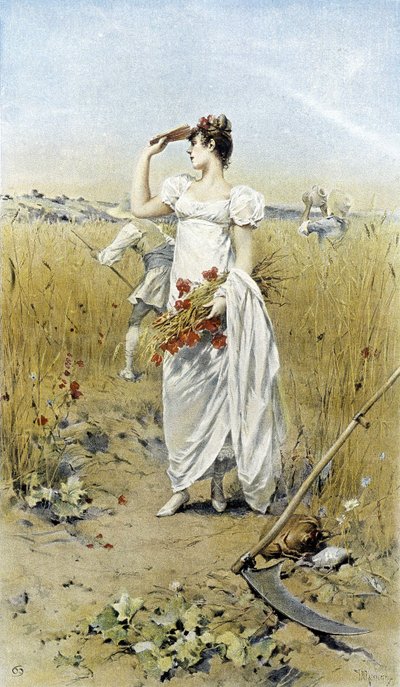 Kvinne med hvete og valmuer - sensommer allegori, kalender illustrert av Hubert Dys, malt av FH Kaemmerer av Frederik Hendrik Kaemmerer