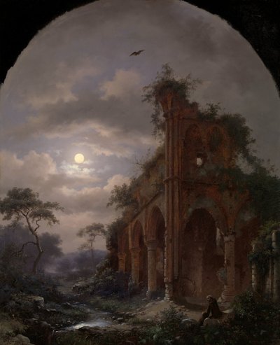 Munk mediterer nær en ruin ved måneskinn Mediterende munk ved en ruin om natten av Frederik Marinus Kruseman (signed by artist)