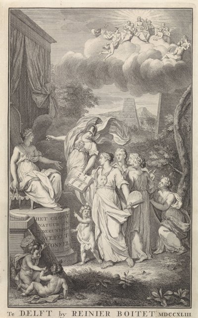 Minerva and the Arts for en tronet figur Tittelside for: The Groot Natuur- en Zedekundigh Wereldtoneel, Delft, R. Boitet, 1743 av Frederik Ottens