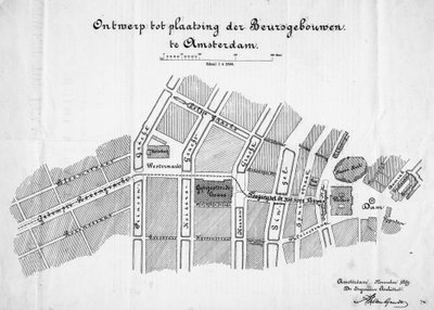 Design for en varebørs, Amsterdam, situasjon. november 1879 av Frederik Willem van Gendt