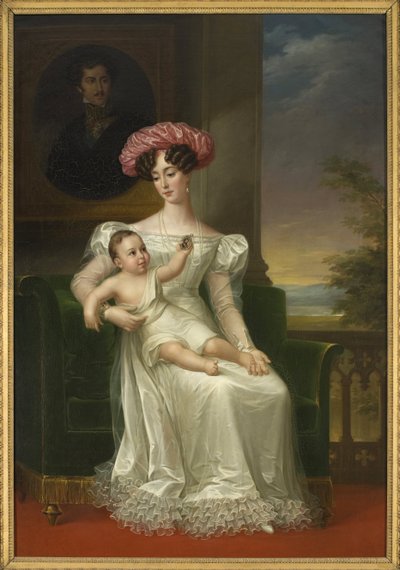 Josephine av Leuchtenberg, dronning av Sverige og Norge (med sønnen Karl XV i armene, sittende foran et portrett av kong Oscar I) - Portrett av Josephine av Leuchtenberg (1807-1876), dronning av Sverige og Norge, av Westin , Fredric (1782-1862). Olje på c av Fredric Westin
