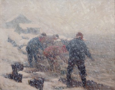 Fiskere drar not i snøstorm (olje på lerret) av Fredrik Kolstoe