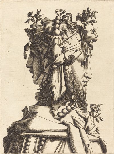 Byste av en kvinne i et ekstravagant kostyme av French 16th Century after René Boyvin or Pierre Milan