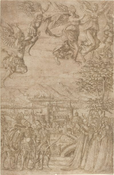 En konge og hans følge konfronterer damer under en himmelsk kamp av French 17th Century