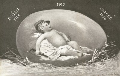 1915, påskekort som viser allerede bevæpnet babysoldat i egg av French Photographer