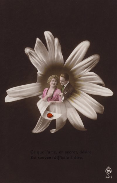 Et ungt par i midten av en blomst med marihøne (tonet fotokollasje) av French Photographer