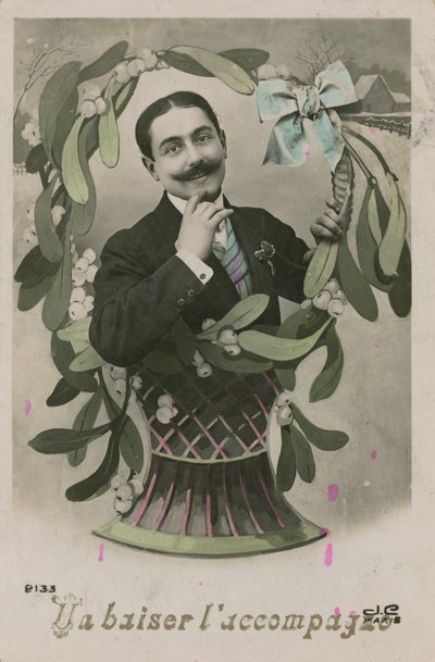 Akkompagnert med et kyss, postkort sendt i 1913 (håndfarget bilde) av French Photographer