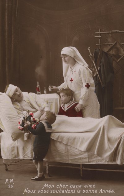 Barn som ønsker et godt nytt år til sin skadde far, WW1 av French Photographer