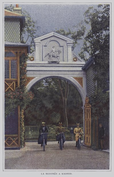 Syklister som returnerer til Chateau de Madrid i Bois de Boulogne, Paris, etter en tur (fargebilde) av French Photographer
