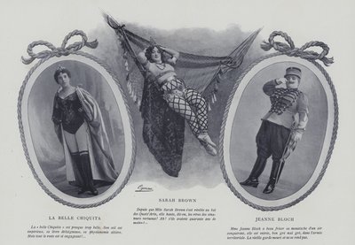 Franske skuespillerinner og sangere La Belle Chiquita, Sarah Brown og Jeanne Bloch (s/hv-bilde) av French Photographer