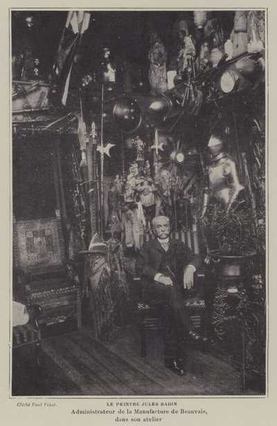 Den franske maleren Jules Badin, leder av Beauvais Tapestry Manufacture, i verkstedet sitt (s/hv-bilde) av French Photographer