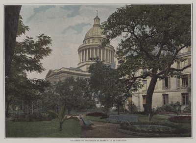 Hage til rektor for Lycee Henri IV og kuppelen til Pantheon, Paris (farge litho) av French Photographer
