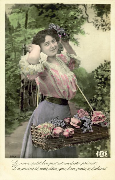 Jente med blomster til salgs av French Photographer