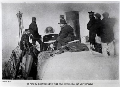 Jules Verne (1828-1905) og Jules Hetzel sønn på en torpedo. av French Photographer
