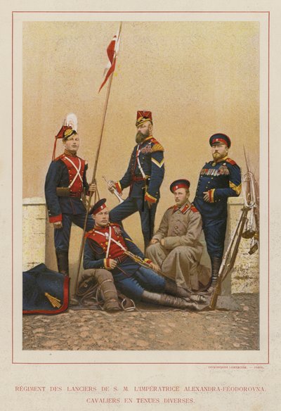 Den russiske hæren: Regiment Of Lancers Of S M The Empress Alexandra-Feodorovna, Cavaliers in Various Outfits (bilde) av French Photographer