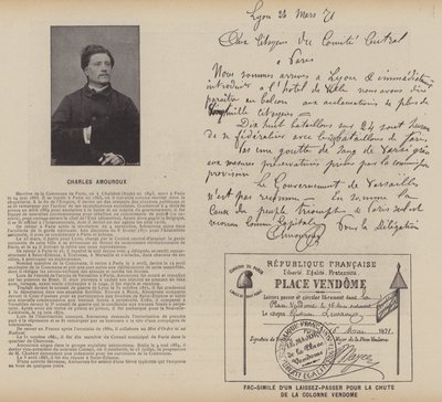Paris-kommunen, Charles Amouroux, faksimile av et pass for fallet av Vendome-søylen (s/hv-bilde) av French Photographer