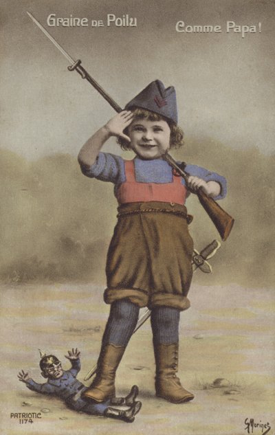Liten gutt utkledd som en soldat (fargebilde) av French Photographer