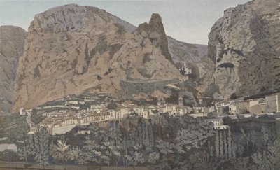 Moustiers-Sainte-Marie, generell utsikt og Notre-Dame de Beauvoir-kapellet av French Photographer