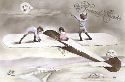 Nyttårskort med barn på et fly (fargebilde) av French Photographer