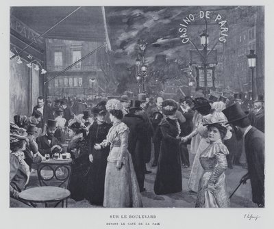 På boulevarden utenfor Cafe de la Paix, Paris (s/hvitt bilde) av French Photographer